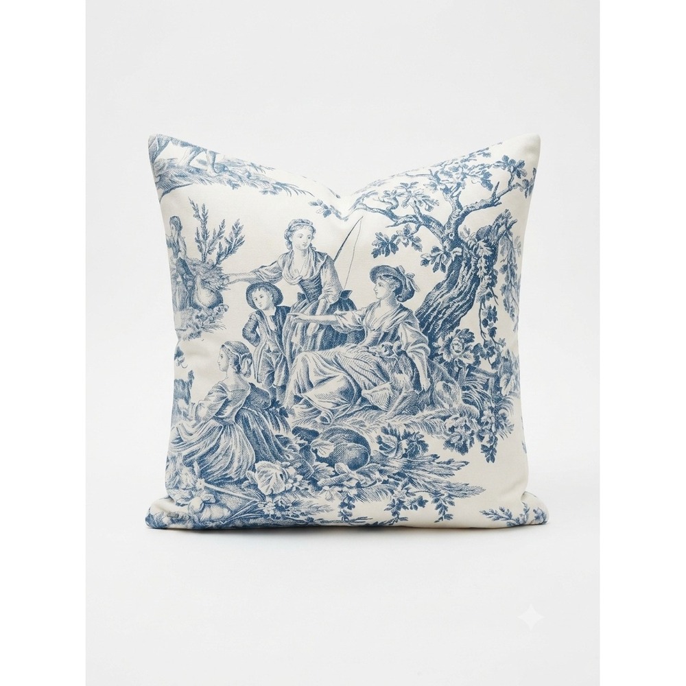 Maison d'Hermine Blue White Toile Pillow Cover Sham 18x18 Cotton Square French